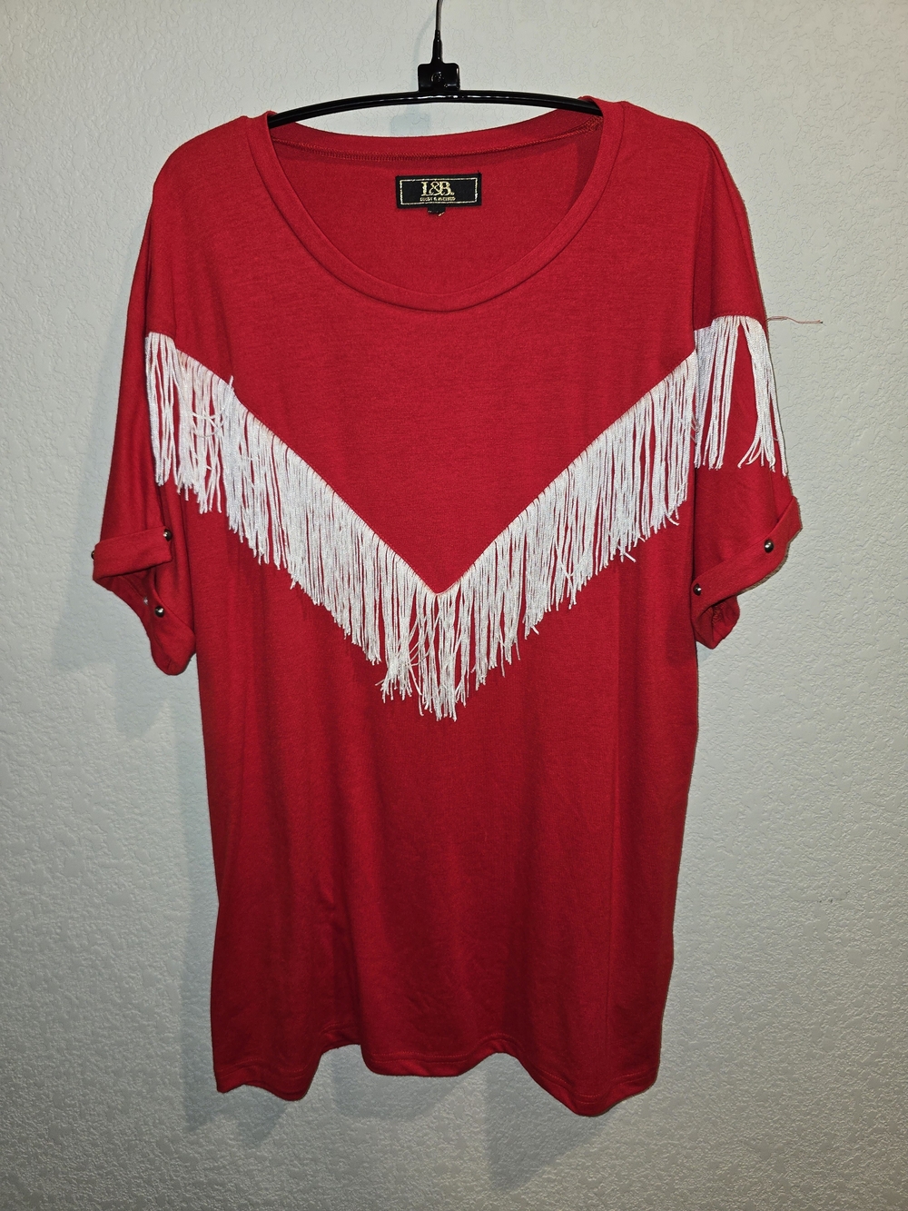 L&B Lucky & Blessed Red Western Fringe Studded Sleeve Tunic Top - Size Large
